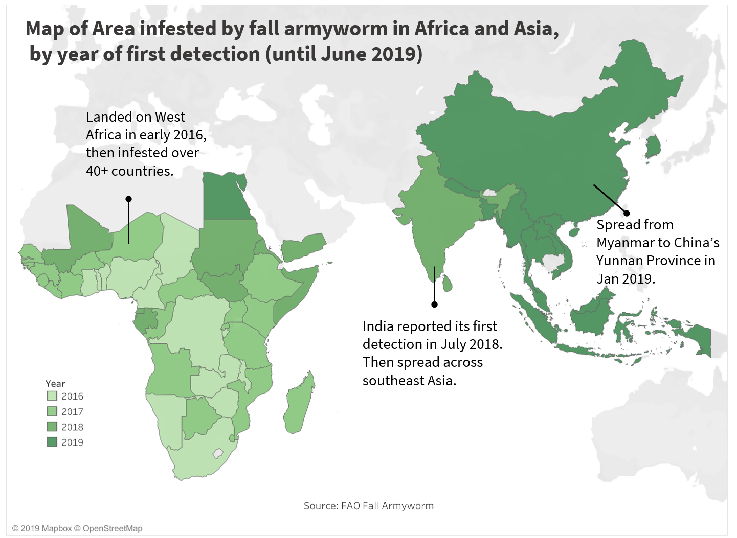 maps of area infested with fall armyworm in africa and asia