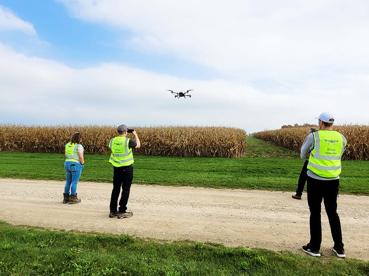 xag drone is demonstrating cover crop seeding in the tall corn field to plant ag team from university of guelph. (source: sky ag canada)