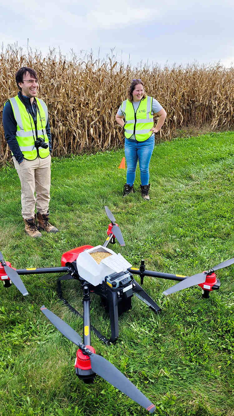 equipped with a tank that filled with cover crop seeds, the drone was ready to take off for mission. (source: sky ag canada)