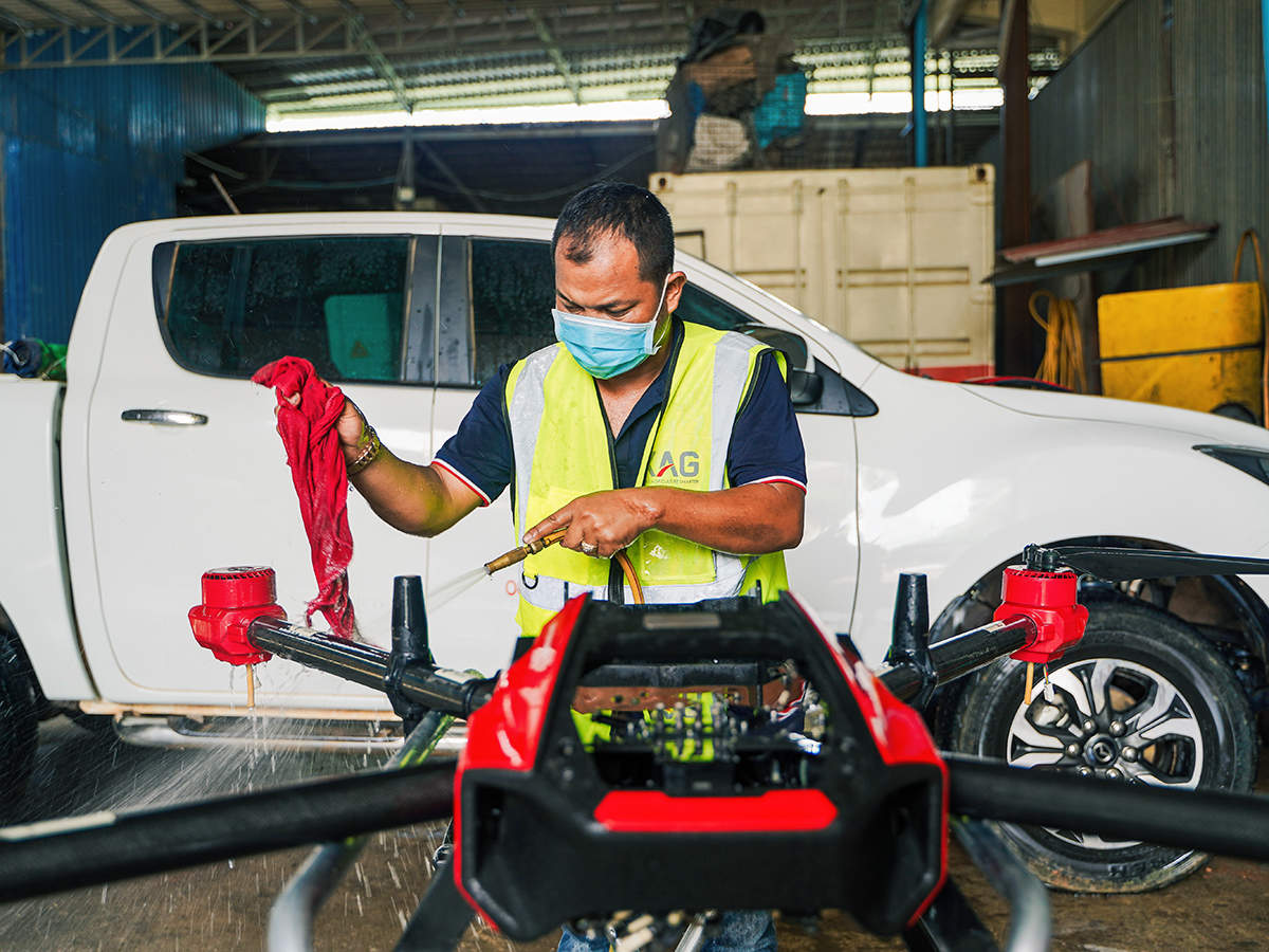 *clean the drone body by using water to wash off the dirt, dust, and agrochemical adhered to prevent component corrosion.